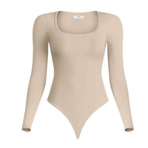 Knix ScultRib Square Neck Bodysuit Top T Shirt Blouse Fawn Beige  XS NWT